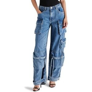 NWT Steve Madden Duo Cargo Pants Denim Blue Pockets Barrel Leg Women S 30" Waist